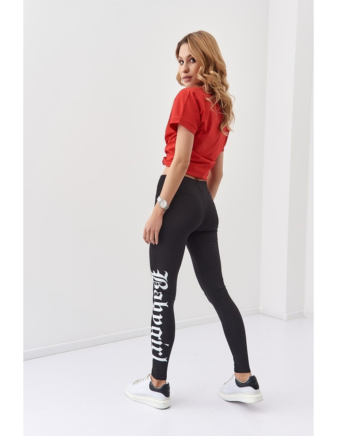 Fitted leggings with inscriptions, black 35150 - Online store - Boutique